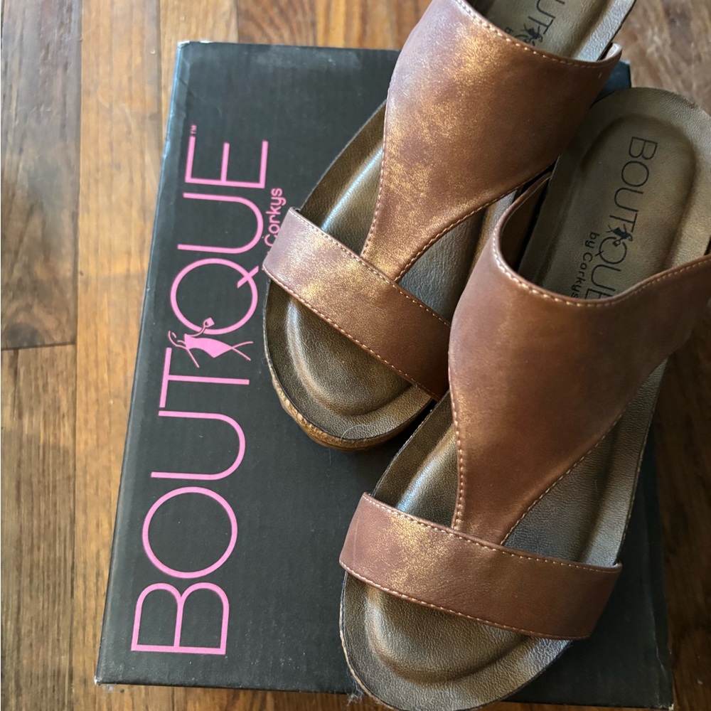 Brown Leather Sandals with Wide Straps and Sturdy Sole